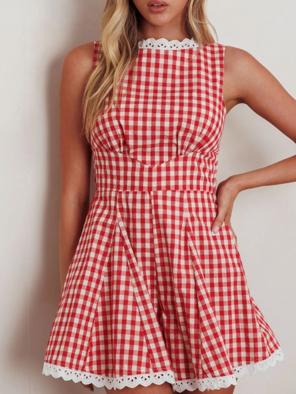SHEIN Curve Red & White Gingham Mini Dress Romper with Lace Trim. Sz. 1XL